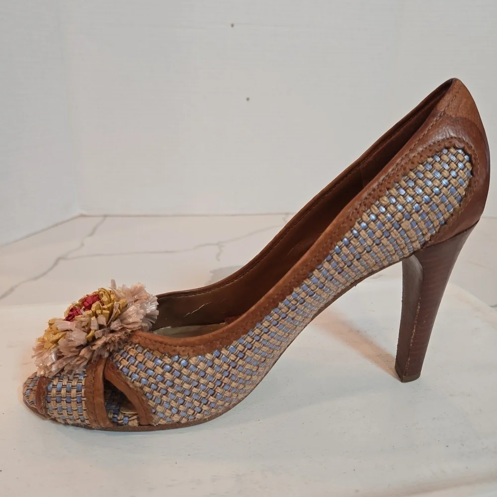 Enzo Angiolini Floral Weave Leather Peep Toe Fairycore Boho Heels Brown Blue 8.5